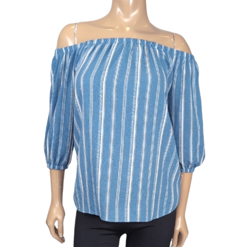 Rebel Sugar Striped Off Shoulder Blouse Womens Size XS Blue White Top